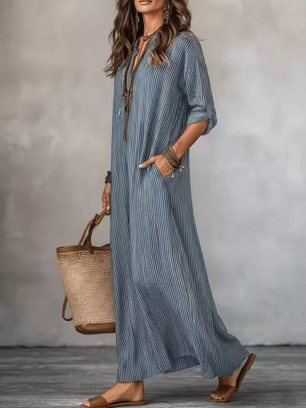 off-white maxi dress featuring pocketed and striped