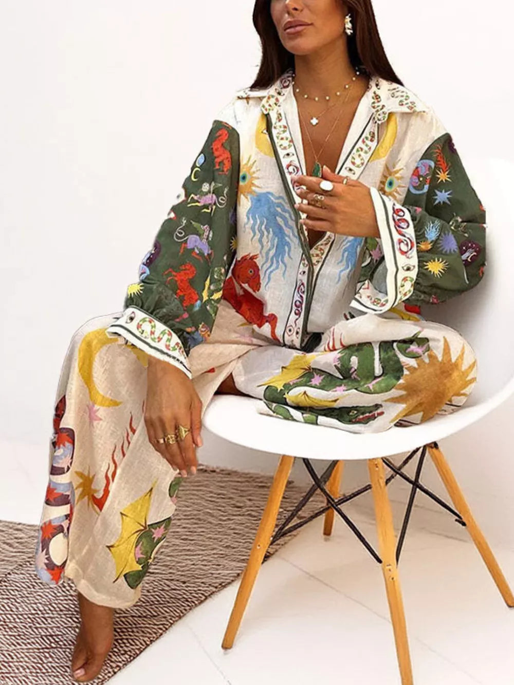 ivory pajama set with illustrative print and collared