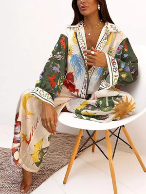 ivory pajama set with illustrative print and collared
