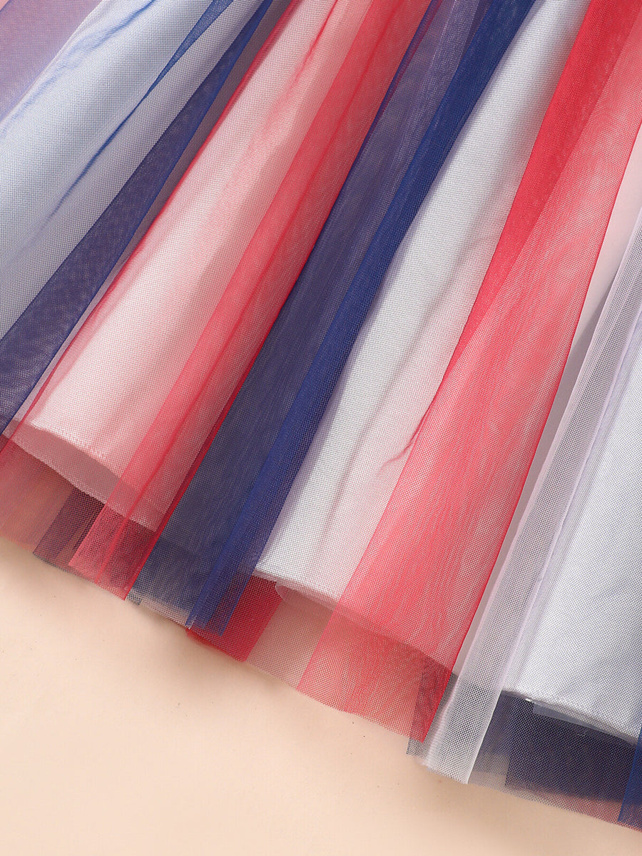 Baby tulle dress with red, white, and blue stripes, cotton blend fabric.