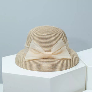Khaki straw sun hat with sheer bow detail