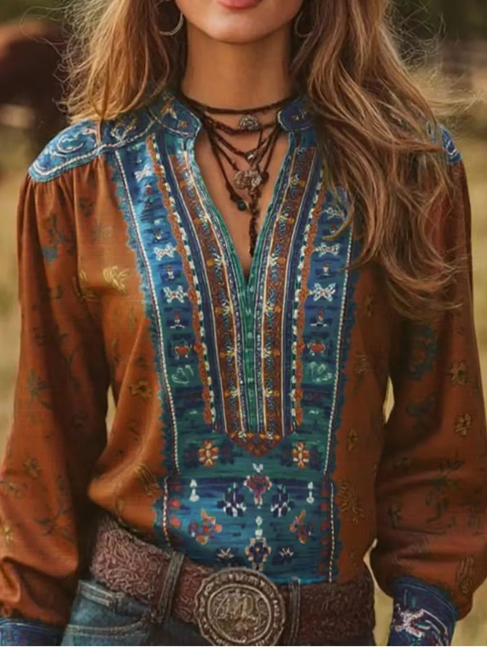 terracotta blouse with bohemian print and collared