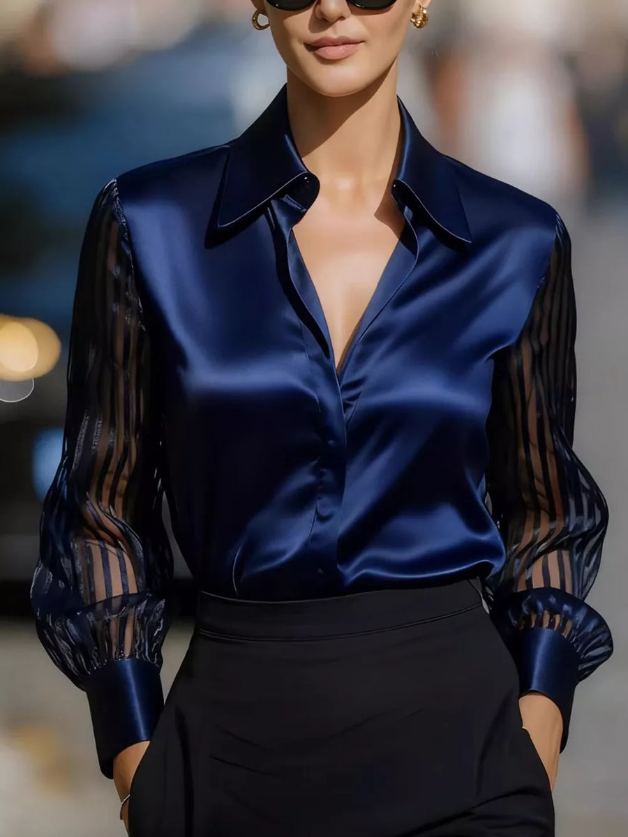Elegant Shirt With Sheer Striped Sleeves in Scarlet
