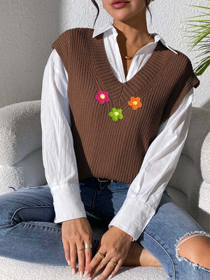 Coffee brown ribbed knit vest with embroidered flowers and V-neck.