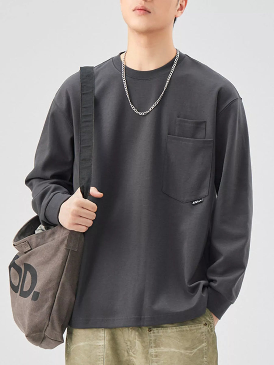Dark Gray long-sleeve sweatshirt with chest pocket and crew neck.