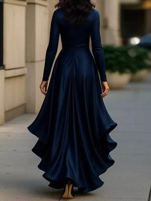 royal blue A-line wrap dress with deep v-neck