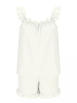 White ruffled pajama set with cami and shorts