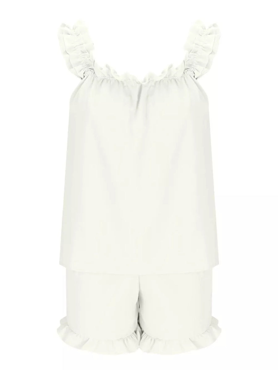 White ruffled pajama set with cami and shorts