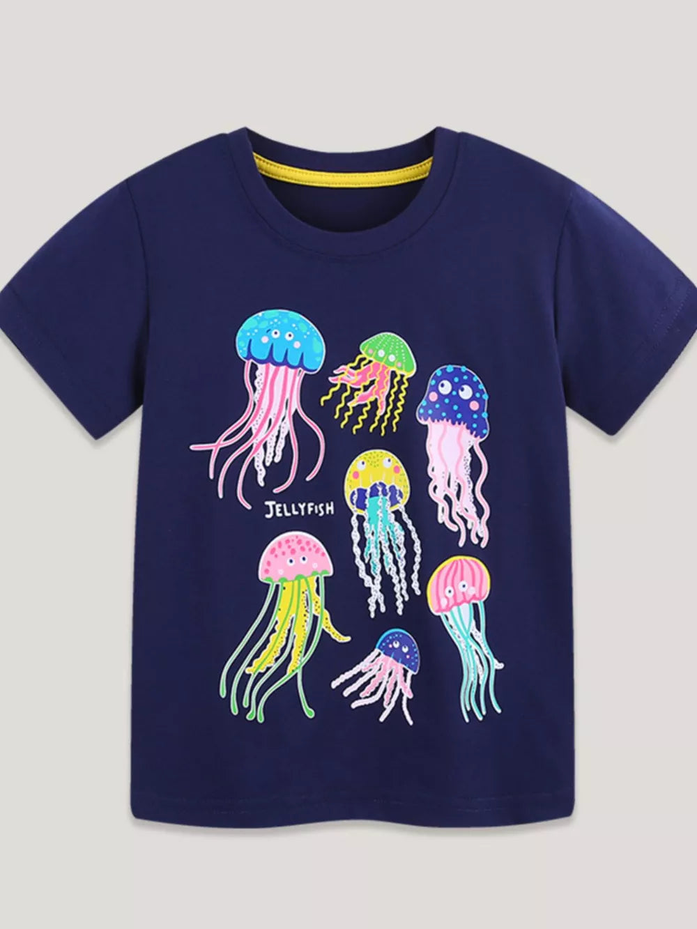 Navy cotton crew neck t-shirt with colorful jellyfish graphic print