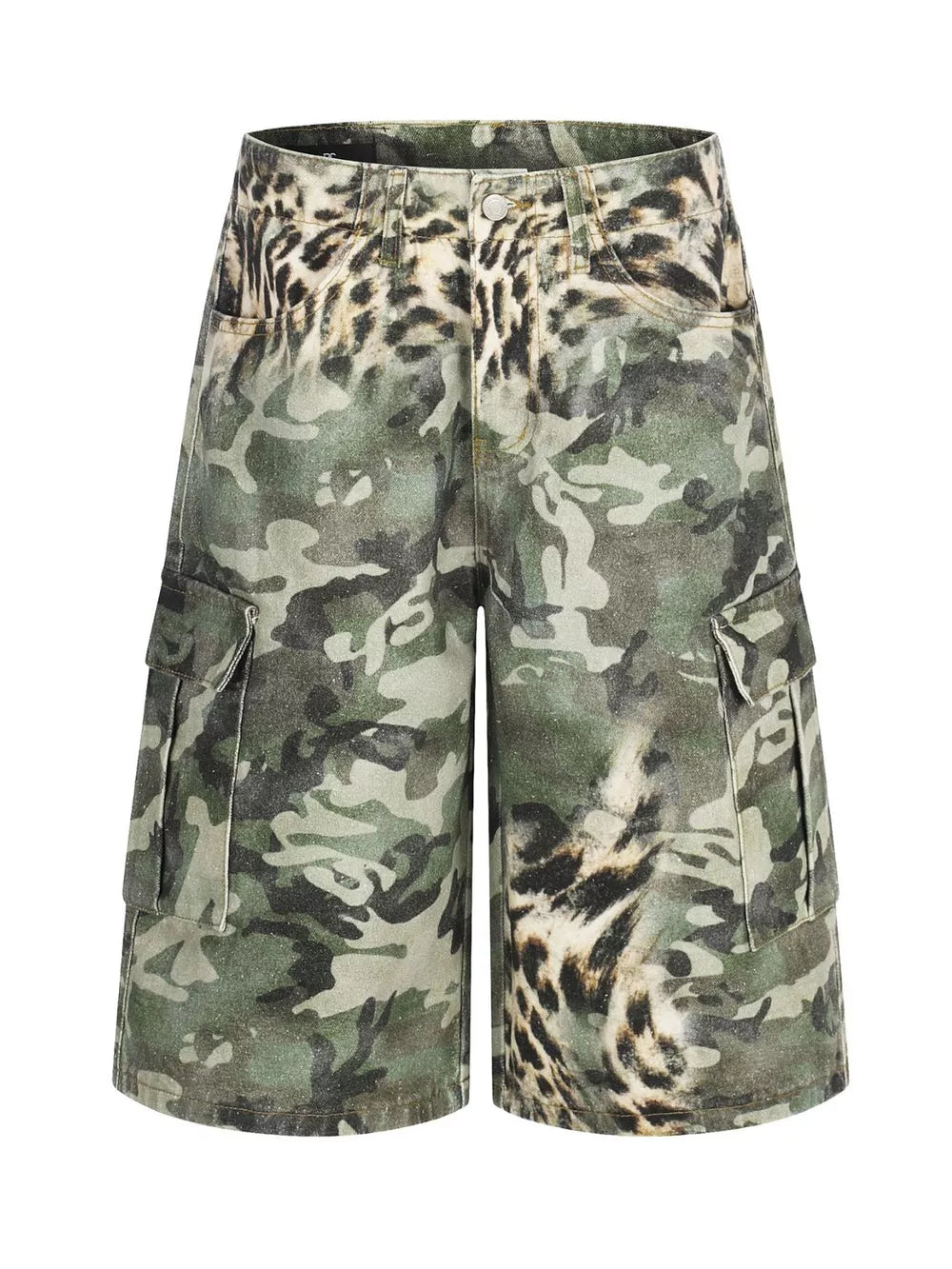 Leopard and camouflage cargo capris with multiple pockets.