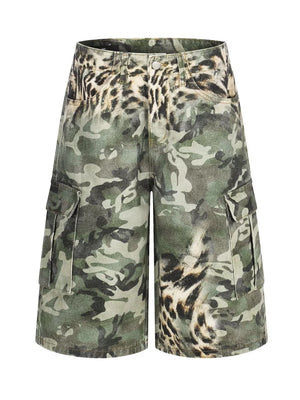 Leopard and camouflage cargo capris with multiple pockets.