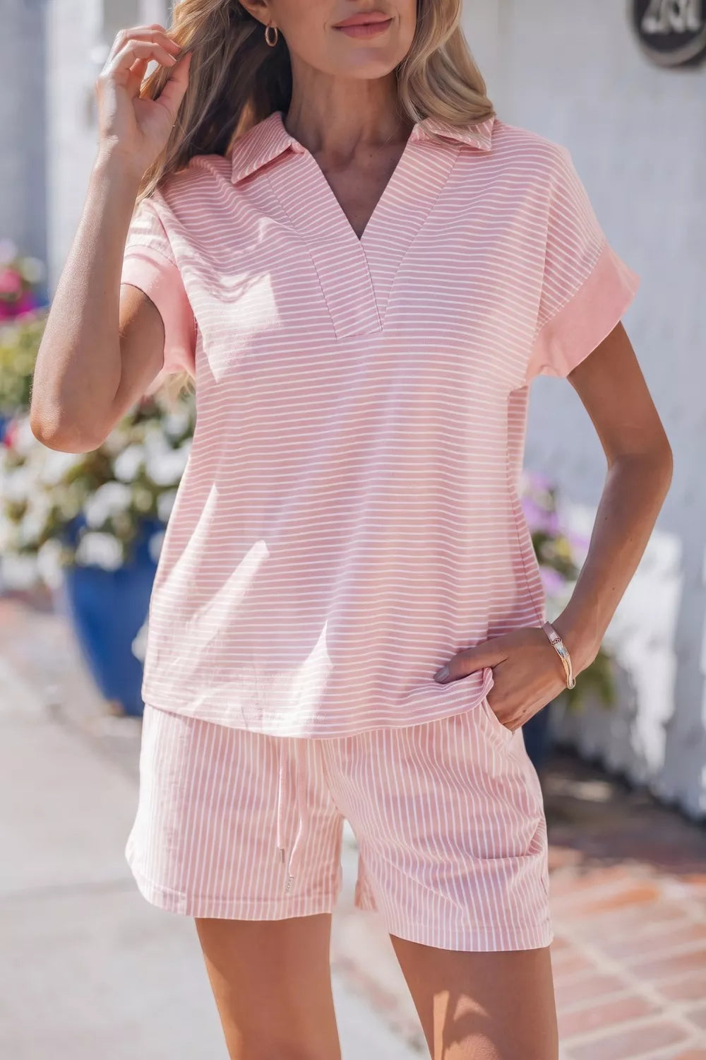 Pink stripe polo shirt and drawstring shorts set, cotton loungewear for women.