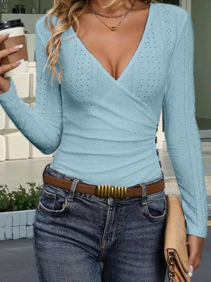 Sky blue eyelet wrap t-shirt with V-neck and button detail