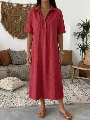 Red Full Size Button Detail Half Sleeve Dress Plus Size