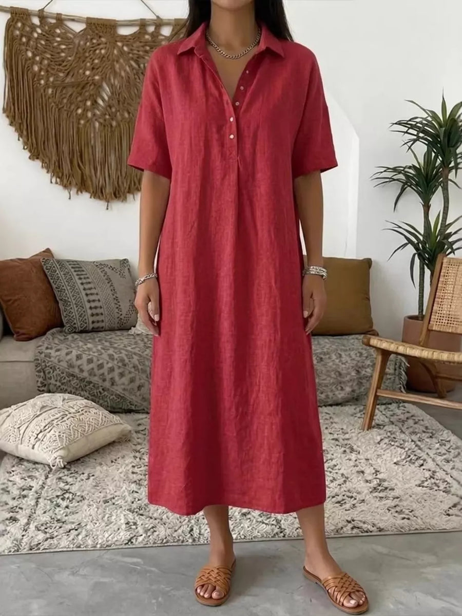 Red Full Size Button Detail Half Sleeve Dress Plus Size