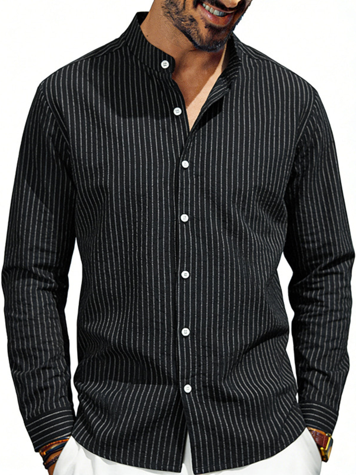 Men's black striped long sleeve shirt with band collar and button front.