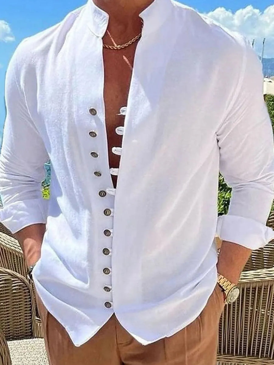 White linen shirt with mandarin collar and button placket, long sleeves, relaxed fit