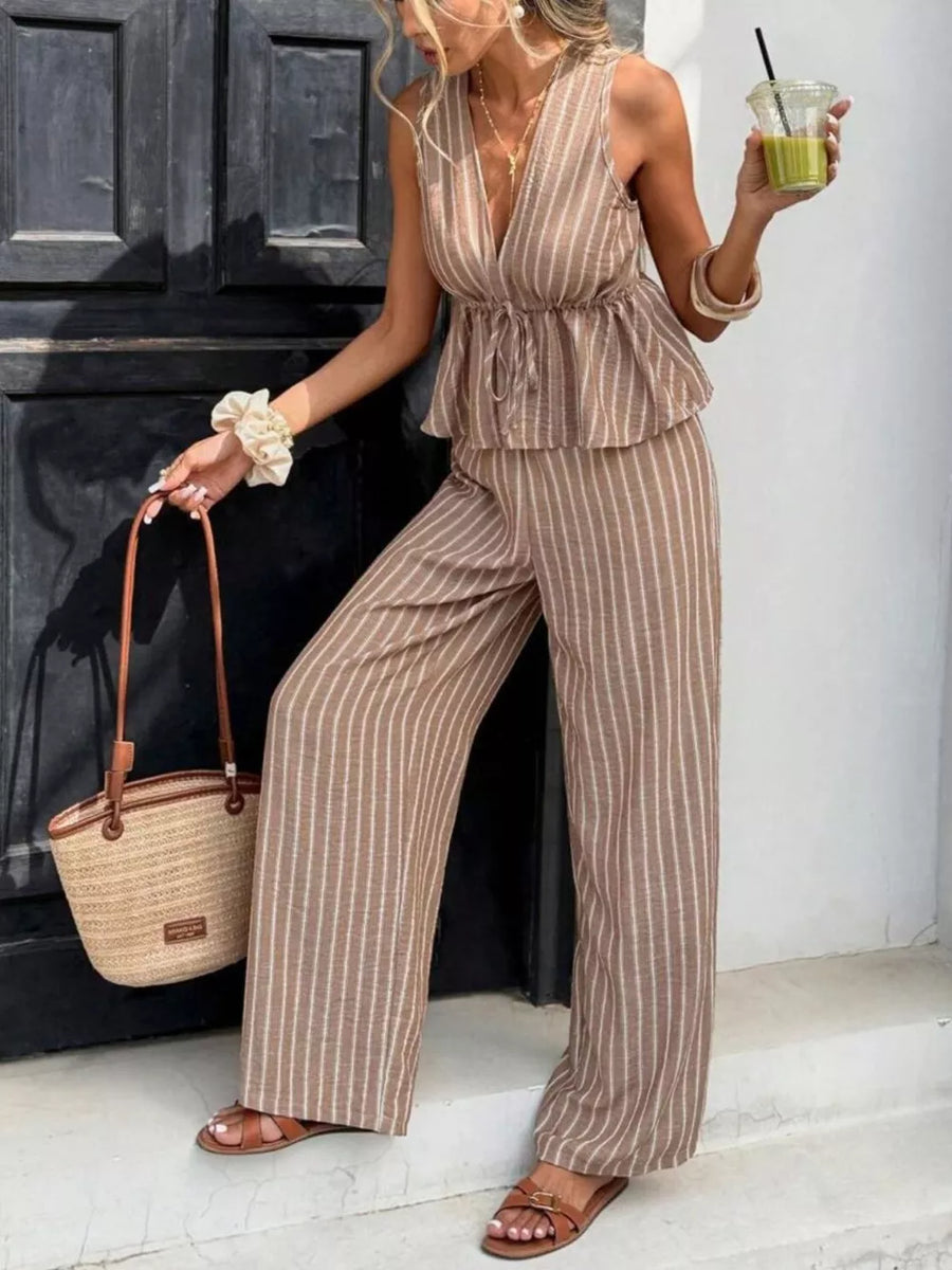 Chic striped two-piece set with tie front top and wide leg pants in camel.