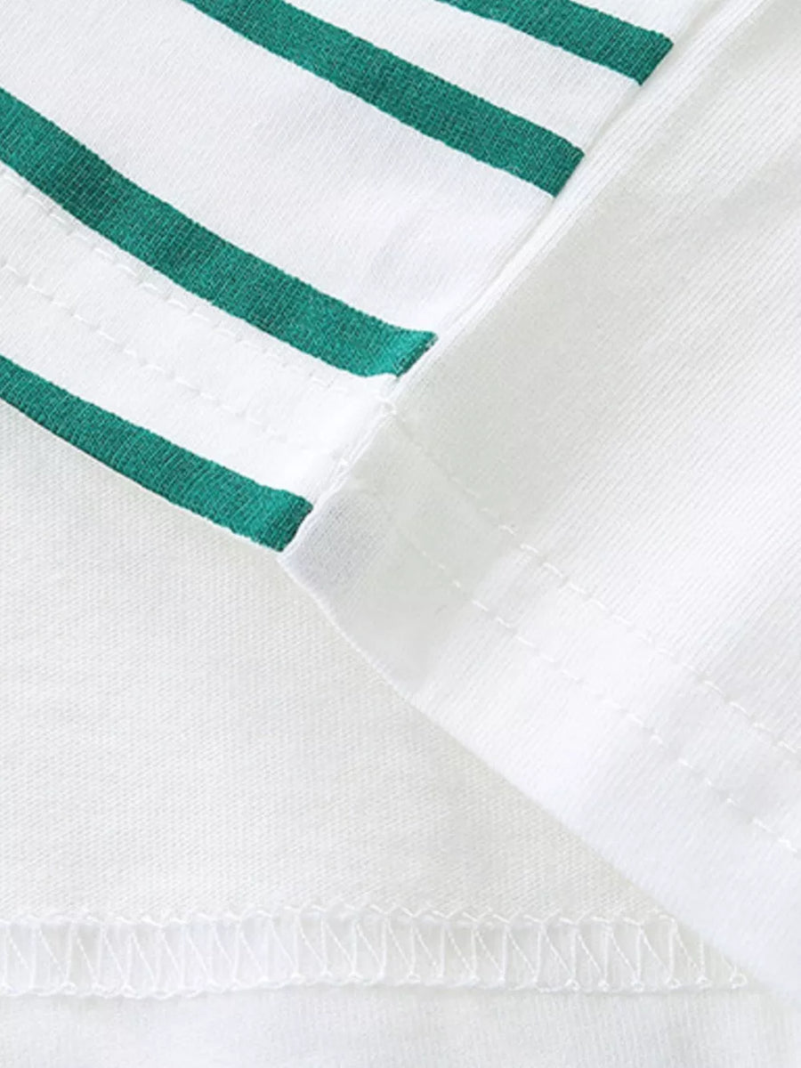 Toddler white cotton tee with green stripes, crew neck, and detailed stitching.