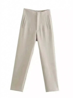 Light beige high-waisted straight-leg pants with front pleats and pocket details.