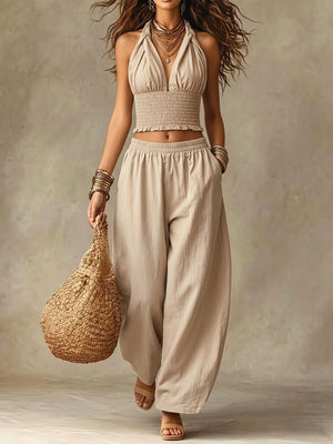 two-piece set in light beige featuring pocketed and relaxed fit