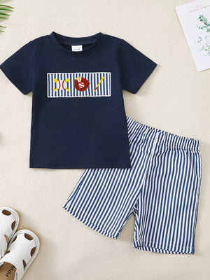 Navy tee with baseball embroidery and striped shorts baby set.