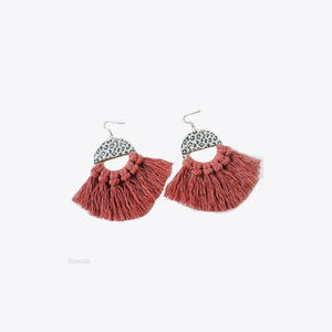 Leopard print tassel earrings in watermelon pink with a semi-circle top.