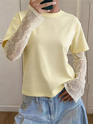 Lace Sleeve Round Neck T-shirt in Yellow