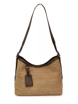 Leather Trim Woven Shoulder Bag in Camel with woven