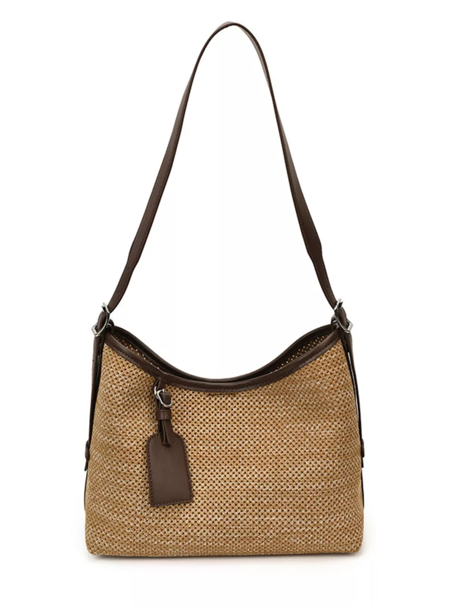 Leather Trim Woven Shoulder Bag in Camel with woven