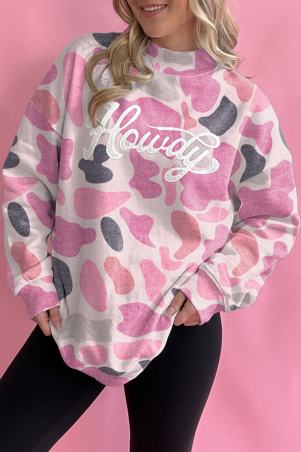 hot pink sweatshirt with camo and mock neck