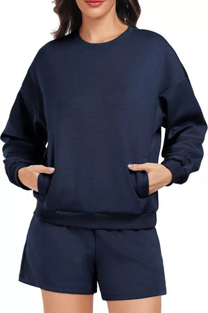 Dark Blue sweatshirt with crew neck, cuffed sleeves, and front pockets.
