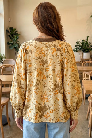 Paisley Print Tie Neck Long Sleeve Top in Tan