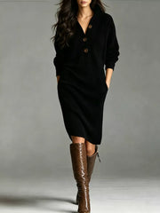 Khaki sweater dress with buttoned and long sleeve