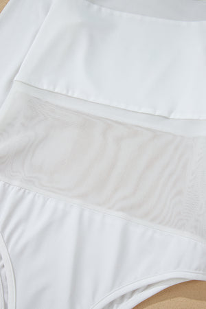 White bodysuit with a sheer mesh illusion panel detail across the torso.