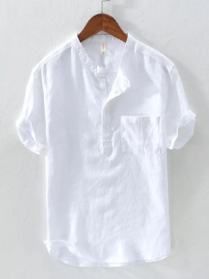 Men's white cotton blend band collar shirt with button detail and chest pocket.