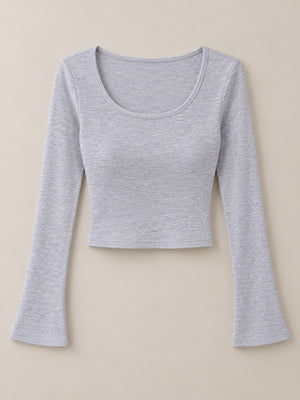 Slim-Fit Long Sleeve Cropped U-Neck T-Shirt in Gray with stretch
