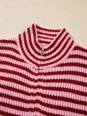 zip-up sweater in Deep Rose with striped and zipper
