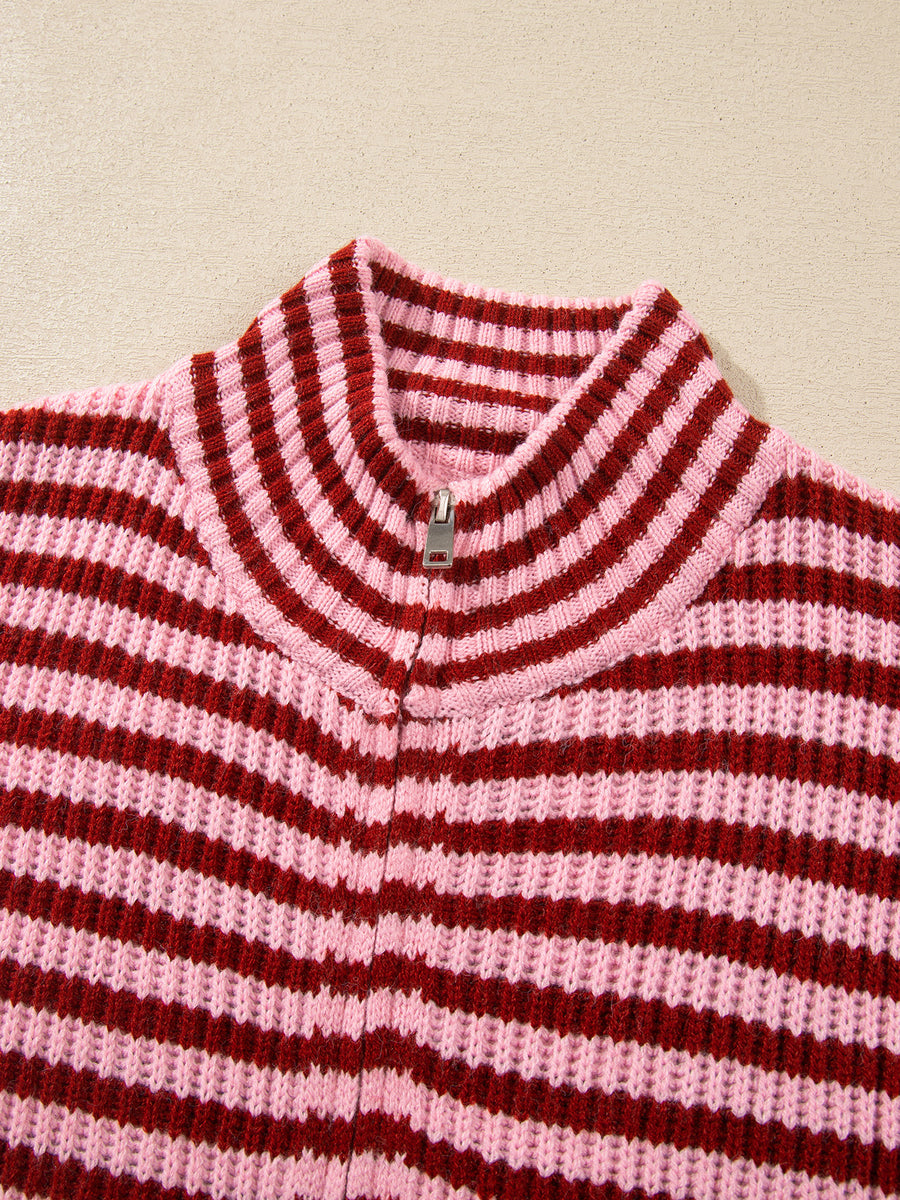 zip-up sweater in Deep Rose with striped and zipper