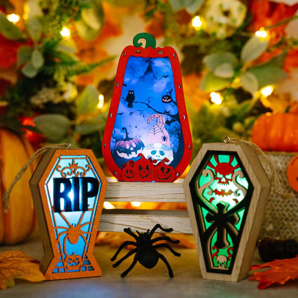 Spooky Silhouette Lantern Trio Ornaments: pumpkin, RIP coffin, skull coffin, battery-operated, Halloween decor