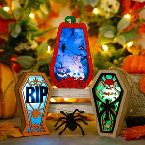 Spooky Silhouette Lantern Trio Ornaments: pumpkin, RIP coffin, skull coffin, battery-operated, Halloween decor