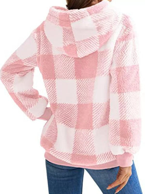 Pink and white plaid sherpa drawstring hoodie with a cozy texture.