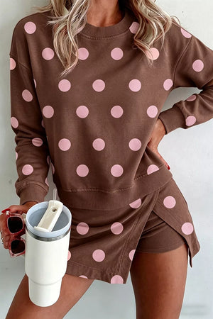 Brown with Polka Dot Sweatshirt And Skirt Set