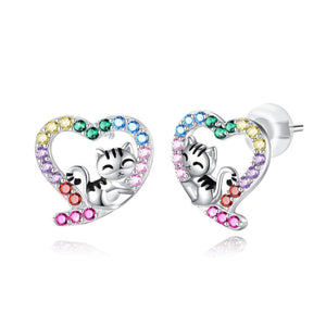 Sterling heart cat stud earrings with rainbow colored gems