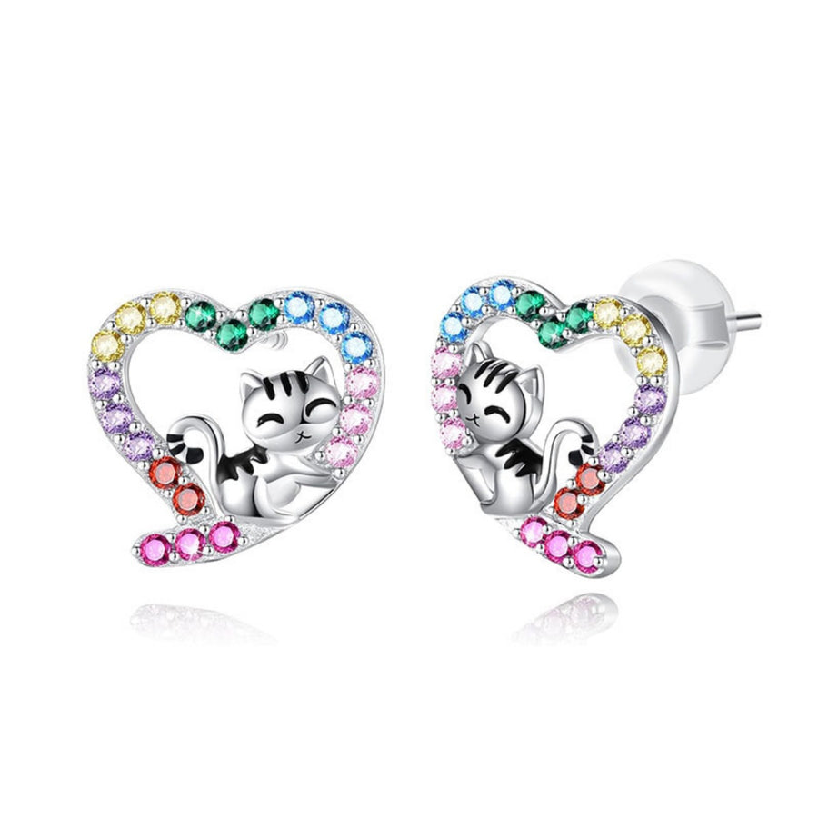 Sterling heart cat stud earrings with rainbow colored gems