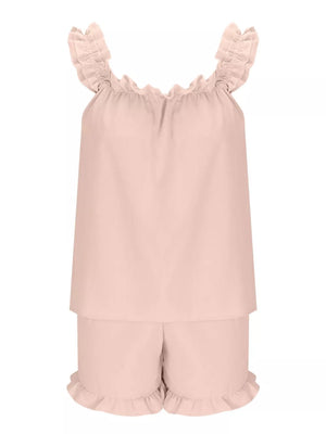 Pale blush ruffled pajama set with a cami and shorts.