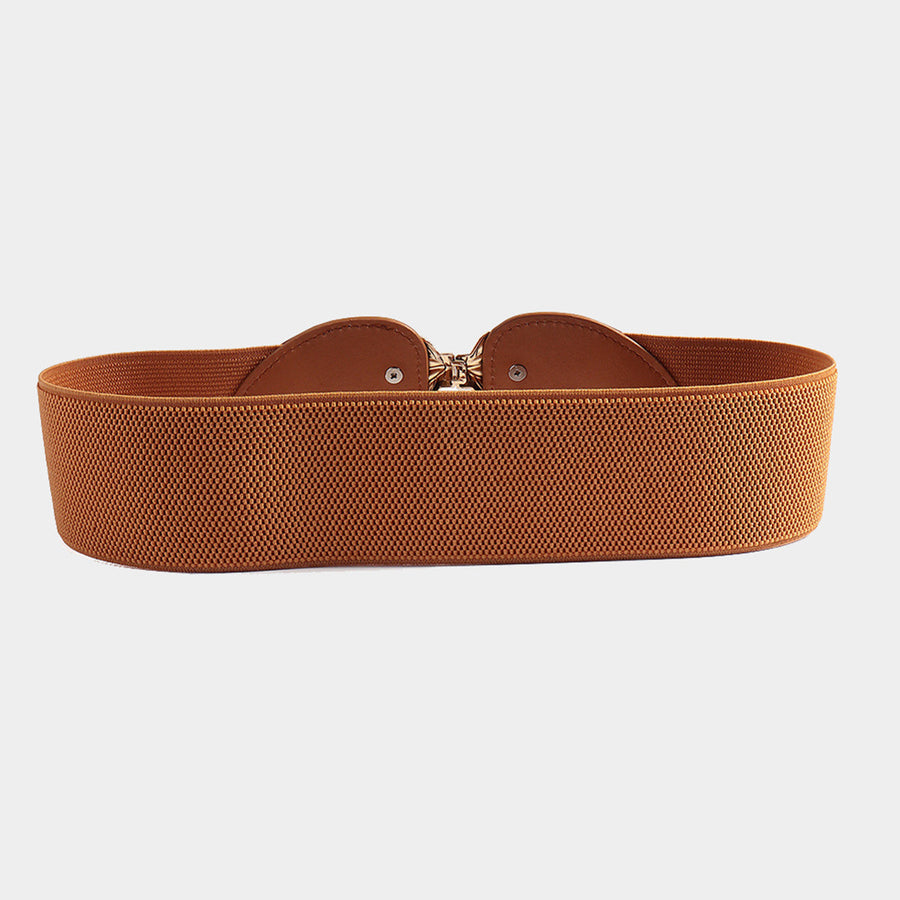 Caramel elasticated waist cincher belt with leaf motif detail and gold clasp