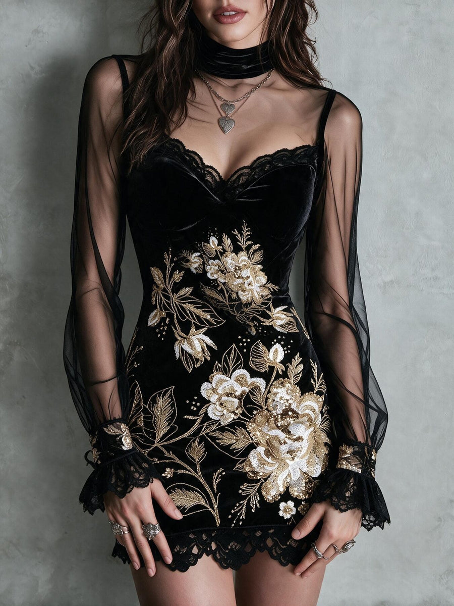 Cerulean mini dress featuring mesh and floral