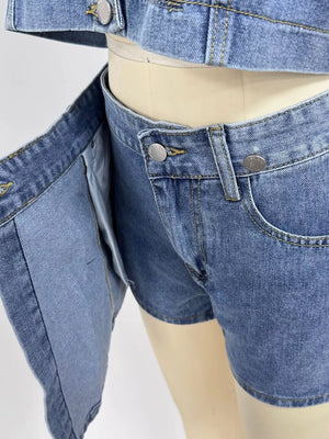 Denim skort set with button-up detail and contrast stitching in dark blue.