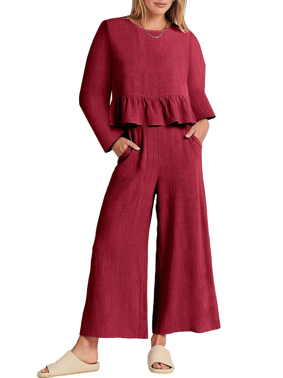 Red ruffled hem two-piece set with wide leg pants and pockets.
